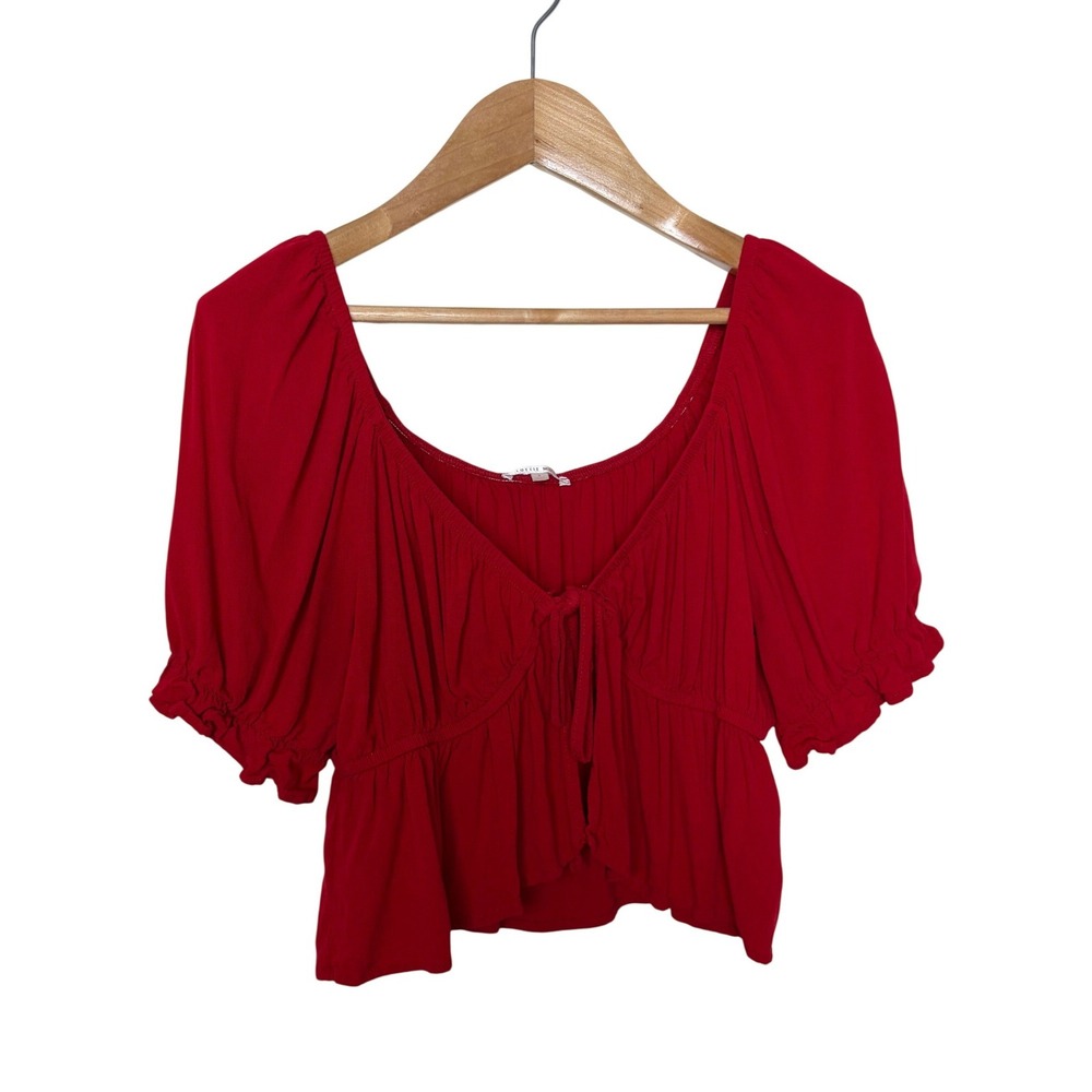 Lottie Moss Red Puff Sleeve Tie Front Peplum Top Women Small Rayon Blouse